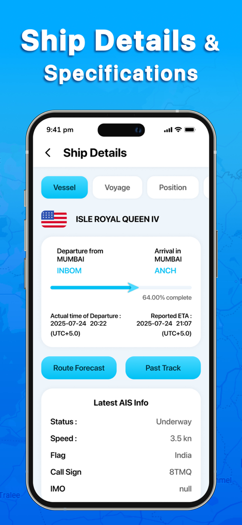 Pantalla de la aplicación móvil mostrando especificaciones detalladas de la embarcación, progreso del viaje y datos AIS en tiempo real de un barco