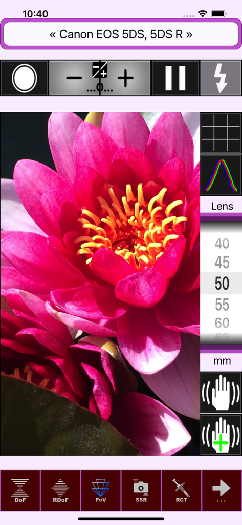 SetMyCameraDF field of view visualizer with pink flower and camera settings overlays