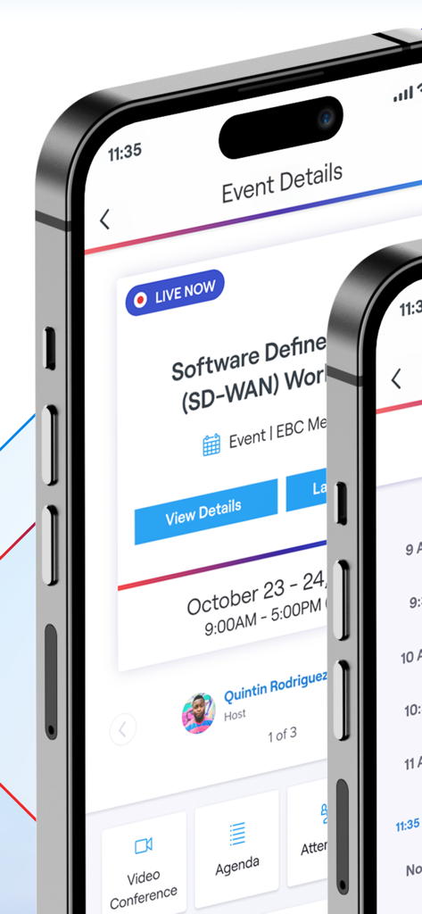 La aplicación World Wide Technology mostrando detalles de un taller de SD-WAN en vivo, incluidas opciones de agenda y videoconferencia