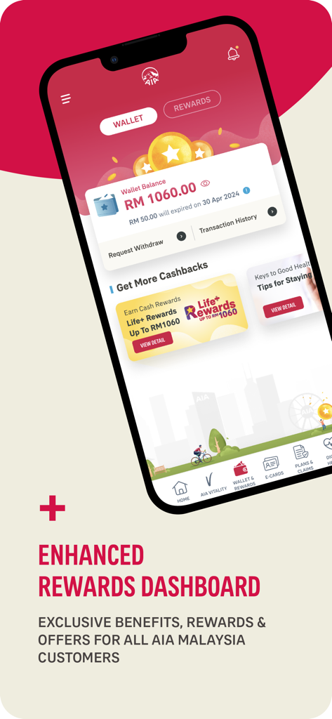 AIA Plus Malaysia rewards dashboard showing wallet balance and cashback offers