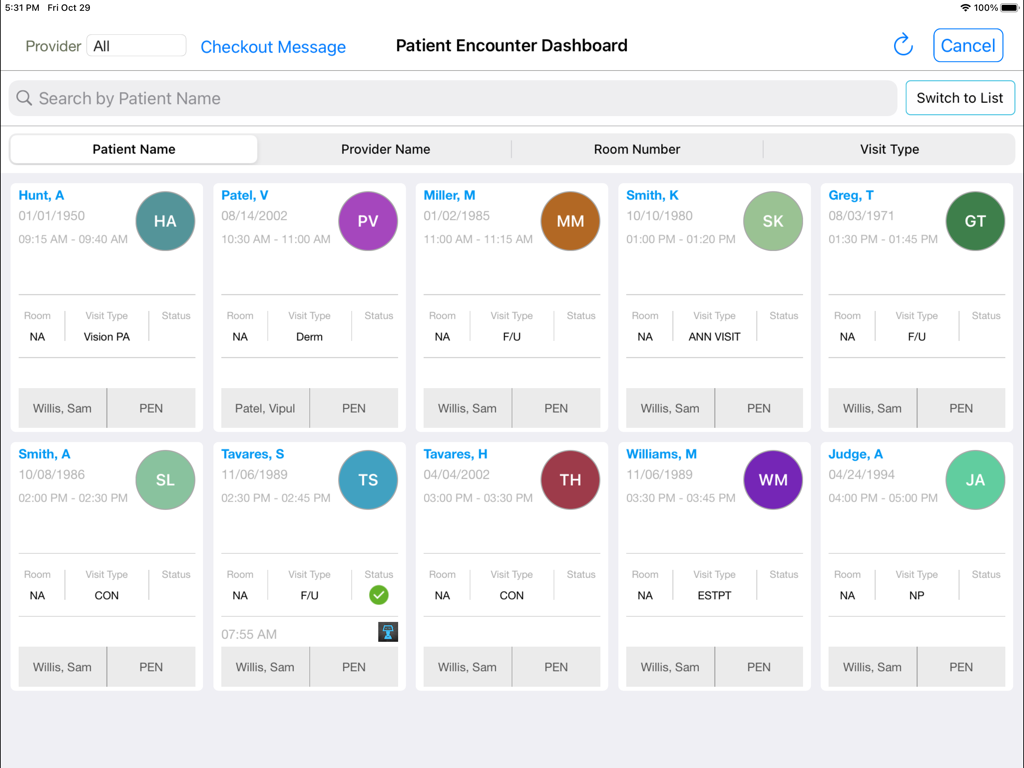 eClinicalWorks Kiosk - Patient encounter dashboard displaying a grid of appointment status cards with patient names and visit details