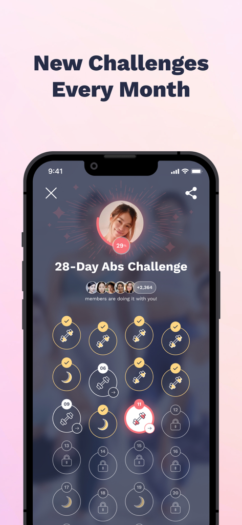 Nüli - Home & Gym Workouts - Nüli app screen showing a 28-day abs challenge progress with a grid of daily workouts and rest days.