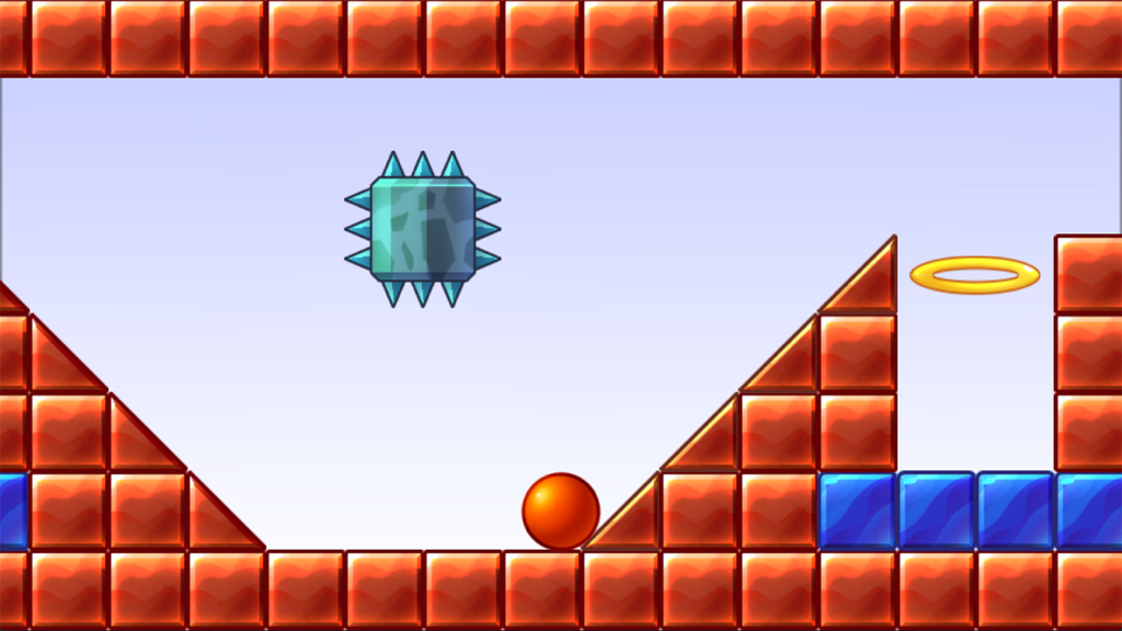 Uma bola vermelha em uma plataforma de tijolos no nível do jogo mobile Bounce Original Back com espinhos e um anel dourado.
