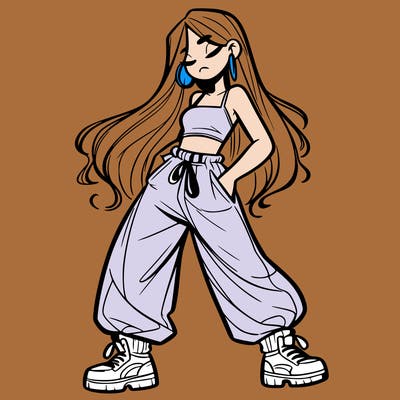 girl in baggy pants crop top and long hair