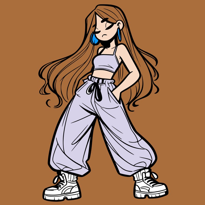 girl in baggy pants crop top and long hair