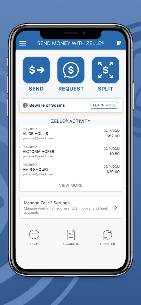 Oberfläche der PNC Mobile Banking App für Zelle-Überweisungen, die Optionen zum Senden, Anfordern und Aufteilen von Geld mit Transaktionsverlauf anzeigt.