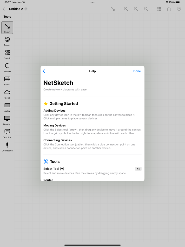 NetSketch - iPadでネットワーク図を作成するための手順が表示されているNetSketchアプリのヘルプウィンドウ