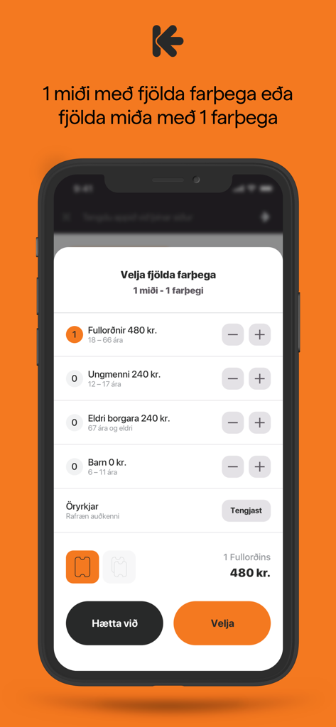 Klappid app interface for choosing bus tickets for different age groups in Iceland.