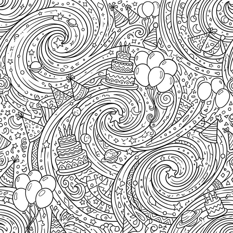 This unique coloring page merges the mesmerizing beauty of galaxy spirals with joyous birthday party elements. Discover intricate patterns featuring cakes, balloons, and hats amidst a cosmic dance of swirls, perfect for a creative celebration.