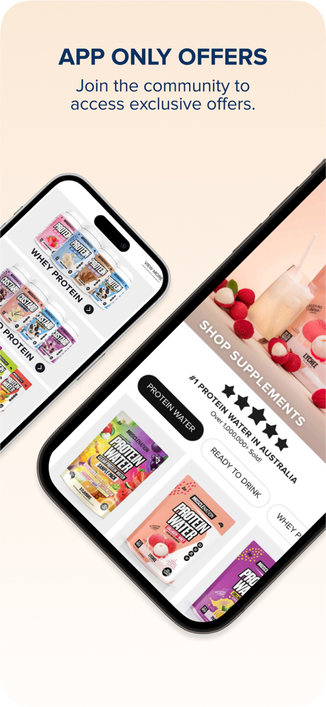 Muscle Nation mobile app interface showing exclusive offers for fitness supplements
