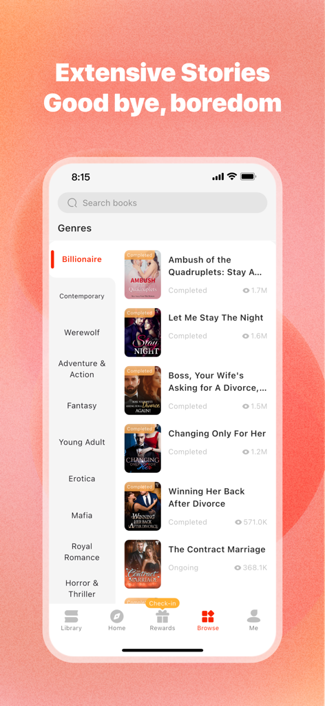 Tapon mobile app genre screen showing billionaire romance novels and categories list
