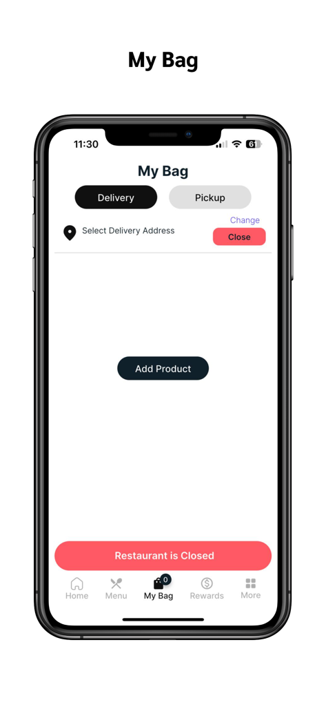 Interface de l'application mobile Cheese and Pasta Co montrant l'écran Mon sac avec les options de livraison et de retrait