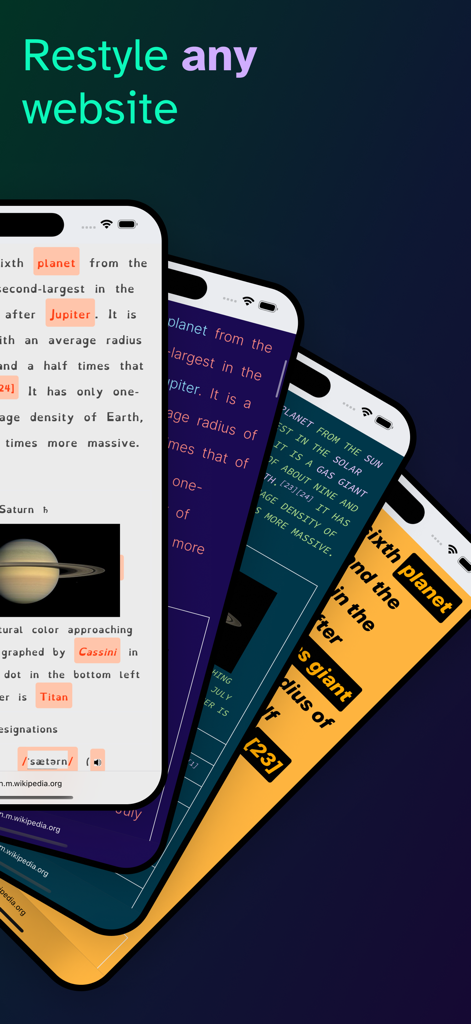 Four mobile phones showing different visual themes and text styles for a website using Clear Read Safari extension