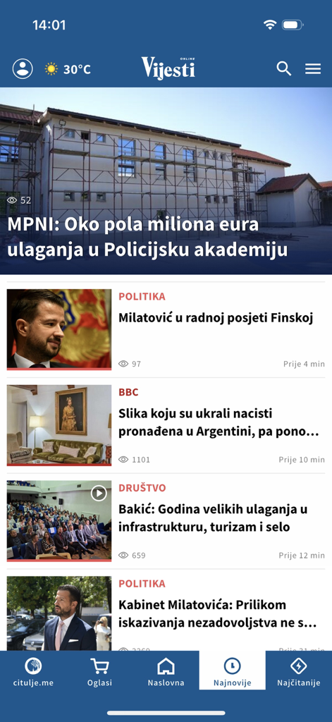 Captura de tela do aplicativo de notícias Vijesti mostrando manchetes e artigos em montenegrino