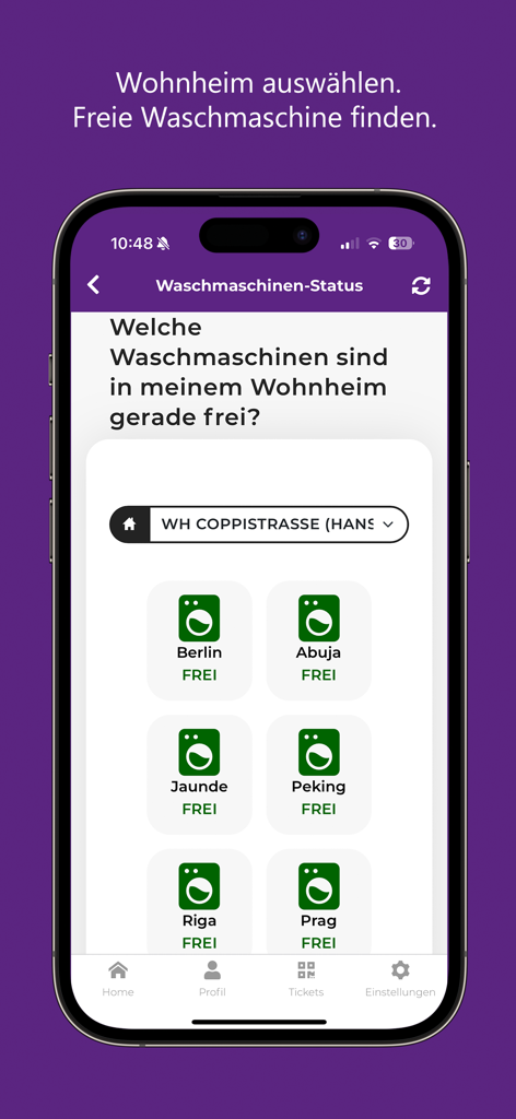 Mobile App-Oberfläche, die verfügbare Waschmaschinen in Studentenwohnheimen anzeigt