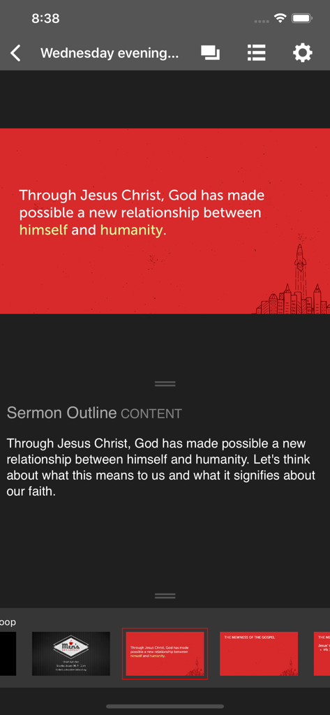 Proclaim Remote - Interfaz de la aplicación Proclaim Remote mostrando una diapositiva de presentación y notas del sermón