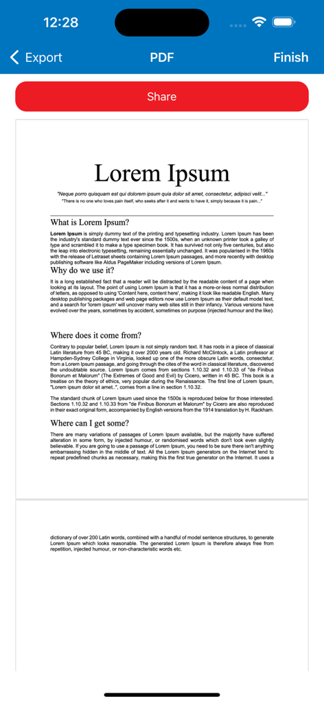 Mobile PDF Scanner – Scan Docs - Uma pré-visualização de um documento digitalizado com um botão vermelho de compartilhamento no aplicativo Scanner PDF Móvel