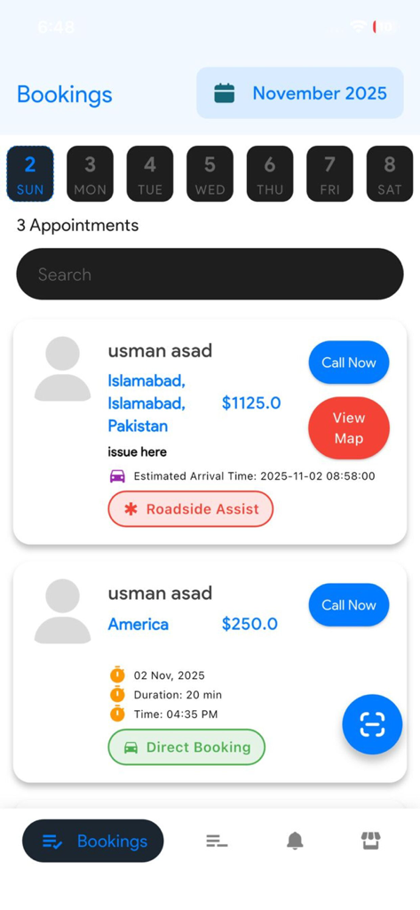 Mechanic Connect – Garage - Interface de l'application Mechanic Connect Garage affichant une liste de réservations de service client et de demandes d'assistance routière
