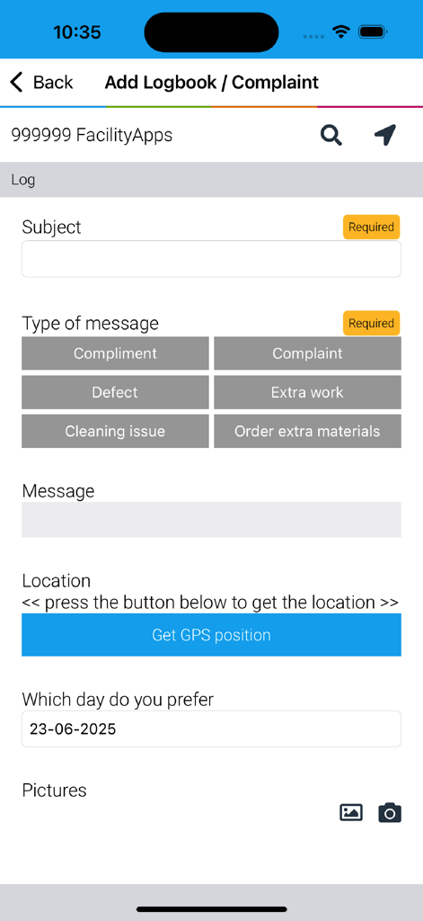 FacilityApps - Interface for submitting complaints or logbook entries with GPS and photo upload features in the FacilityApps mobile application.