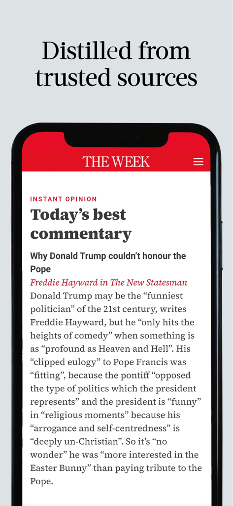L'application mobile The Week UK Edition montrant des commentaires d'actualités et des articles d'opinion sélectionnés.