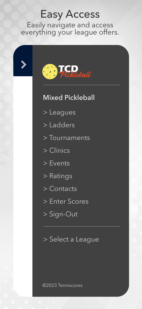 TCD To Go - TCD Pickleball app navigation menu showing options for leagues, tournaments, and score entry