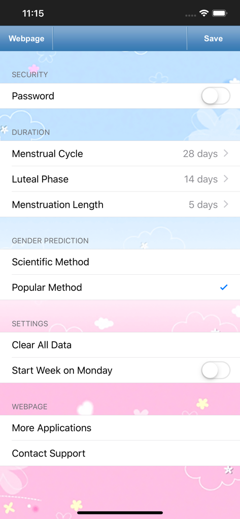 Menu de configurações do aplicativo de Fertilidade e Período mostrando a duração do ciclo menstrual e opções de previsão de gênero.