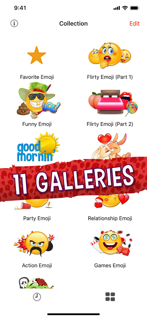 Adult Emoji for Lovers - A mobile app interface displaying multiple categories of stickers including flirty, funny, and relationship emojis.