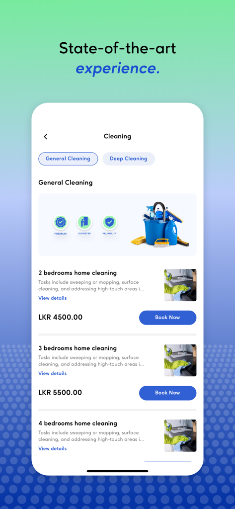 Good Guys - Mobile interface showing general cleaning service options for different home sizes with prices