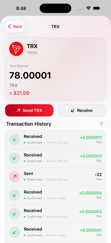 GoTRX 앱 인터페이스에 TRX 잔액과 상세 거래 내역 목록이 표시됩니다.