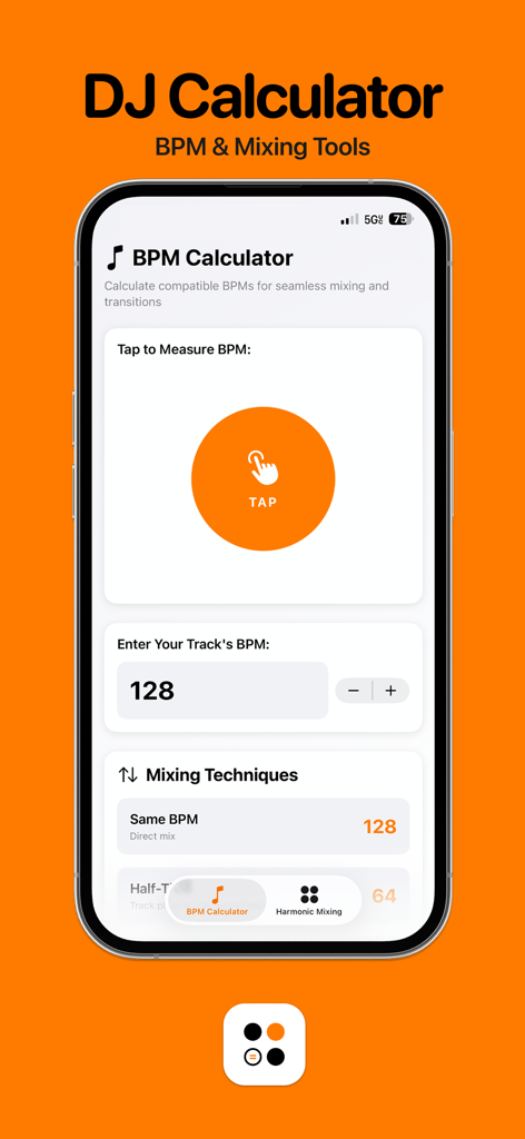 DJ Calculator - Interface of the DJ Calculator app showing the BPM tap to measure tool and mixing techniques for DJs