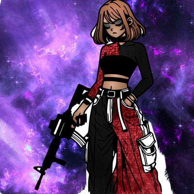 a dangerous girlcrop top and baggy jeans with a rifle in her hand