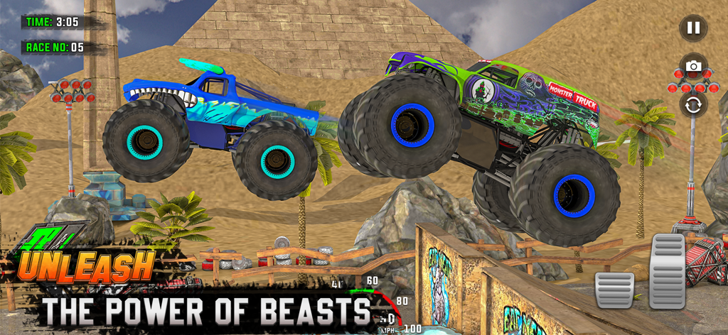 Monster Truck: Drag Race Clash - Dos monster trucks personalizados realizando un salto en el aire en una arena desértica.