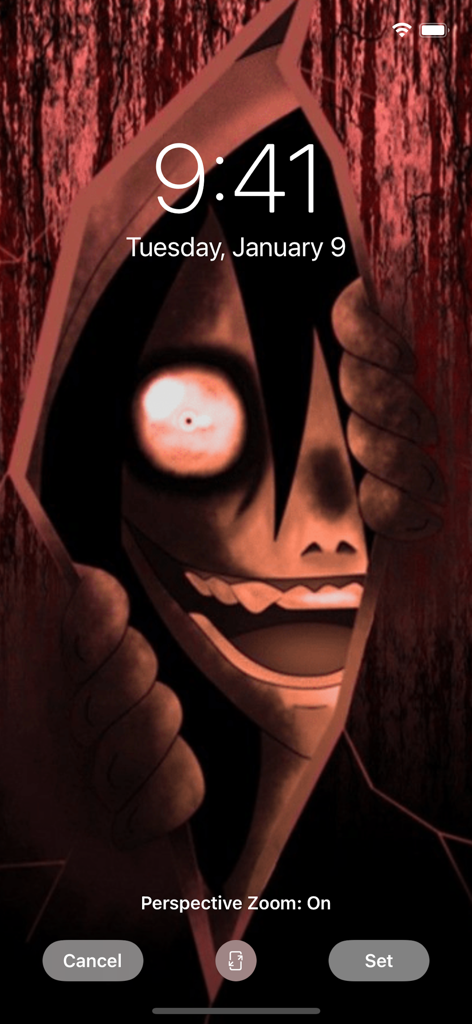 Creepypasta Stories Wallpaper - An iPhone lock screen preview featuring a scary Creepypasta character with a wide grin and a large glowing eye