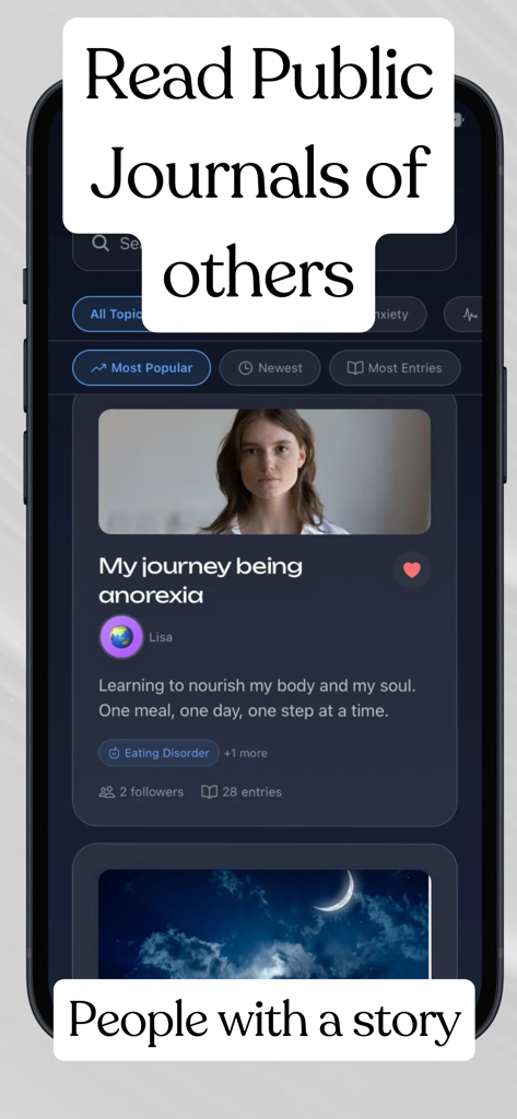 Aurora: AI Therapy & Community - Pantalla de la aplicación Aurora que muestra entradas de diario públicas e historias compartidas por la comunidad.
