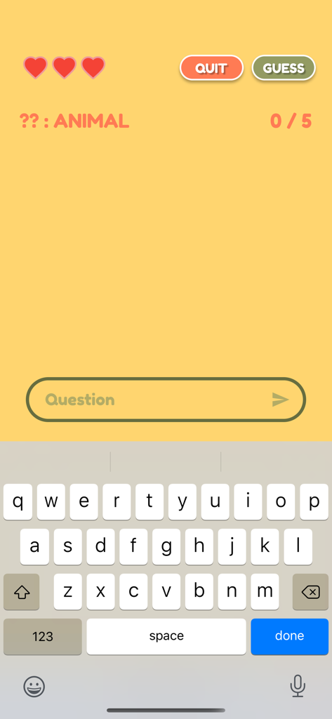 Guess Me!!! - Guess Me game interface showing animal category and question input