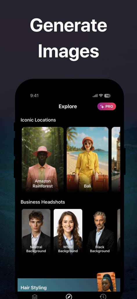 Mars AI: Your AI Assistant - Capture d'écran de l'application Mars AI montrant les fonctionnalités de génération d'images pour des lieux emblématiques et des portraits professionnels.
