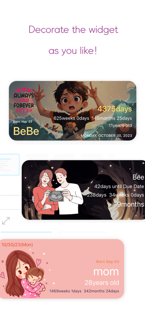 Baby Widget : Baby Tracker - Tres ejemplos de widgets personalizables de seguimiento del bebé con ilustraciones e hitos de edad