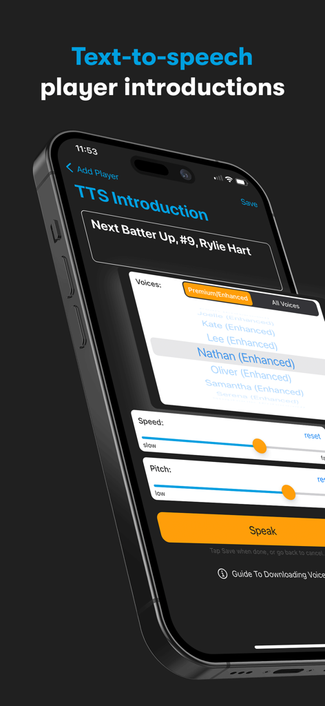 Next Batter Up: Walk-Up Music - Text-to-speech settings in the Next Batter Up app for creating custom baseball player announcements with adjustable voice, speed, and pitch.