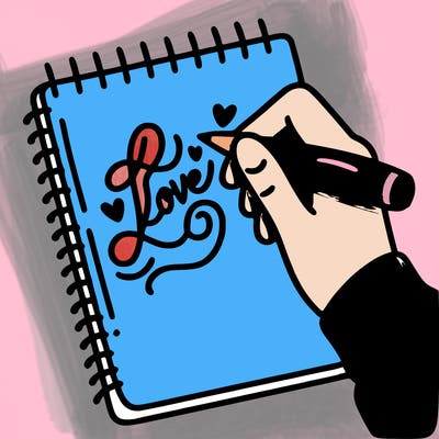 a hand writing “love” in calligraphy on a notebook