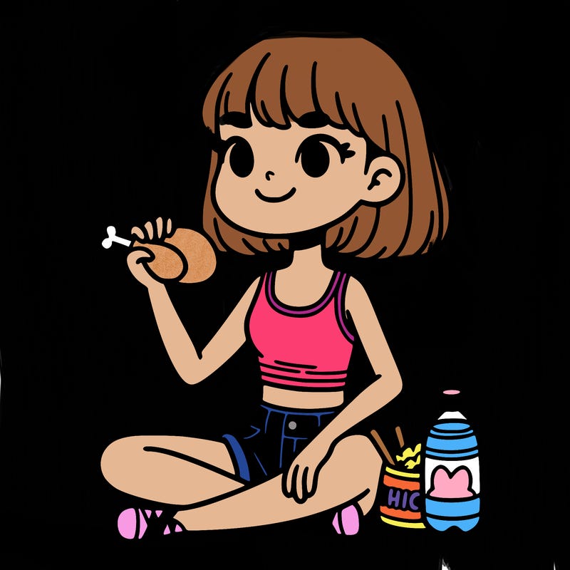 girl in shorts and crop top eating chicken
