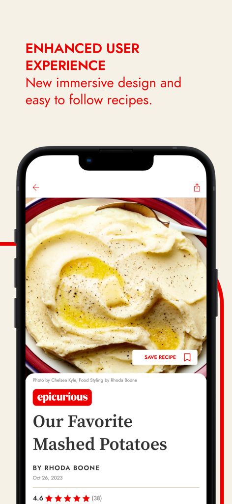 Epicurious app recipe screen for mashed potatoes with high-resolution food photography and immersive design.