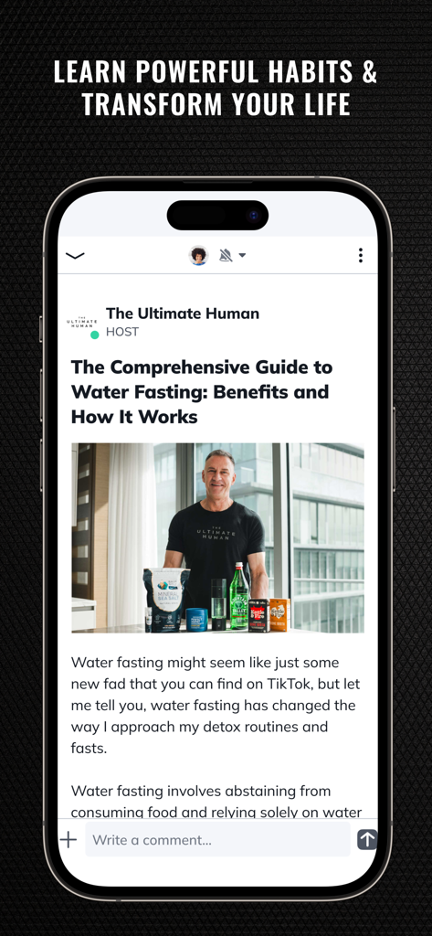 The Ultimate Human - A mobile screen showing an article on water fasting benefits by Gary Brecka within The Ultimate Human app.