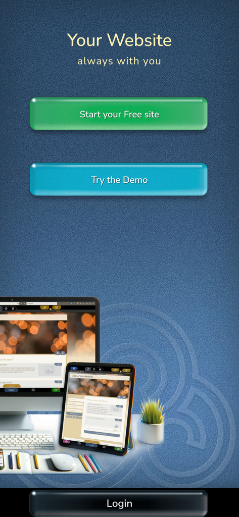 SimDif — Website Builder - L'écran d'accueil de SimDif, créateur de sites web, présente l'édition de site web multiplateforme et les options pour créer un site gratuit ou essayer une démo.