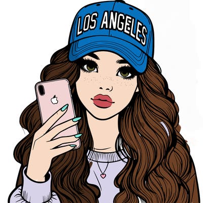 realistic beautiful girl wearing los ángeles cap holding an iphone