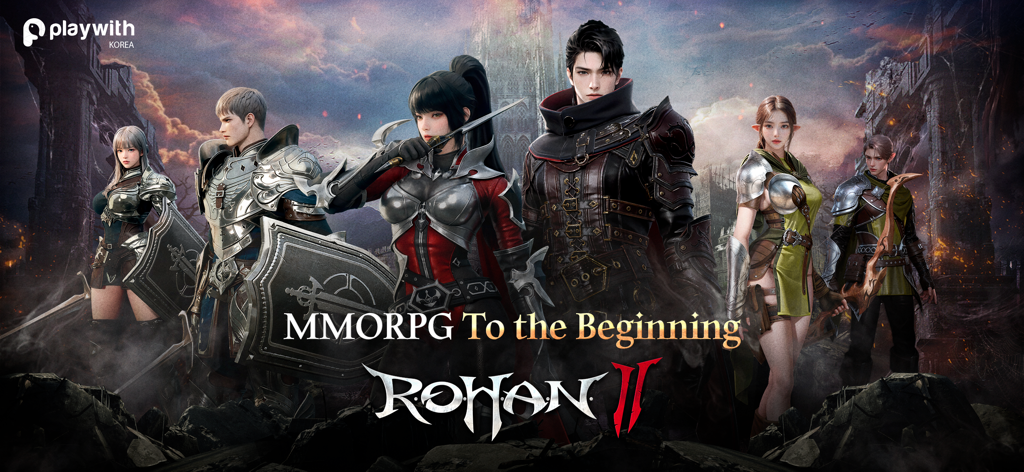 Rohan 2 game characters in dark fantasy armor standing in front of ruins with game title