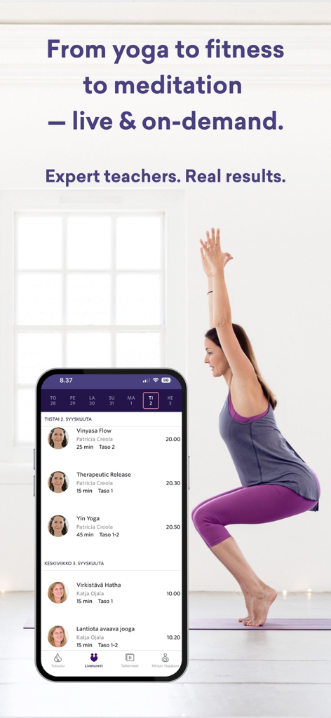Yogaia: Daily Yoga & Workout - A smartphone showing the Yogaia app class schedule next to a woman practicing yoga in a brightly lit room