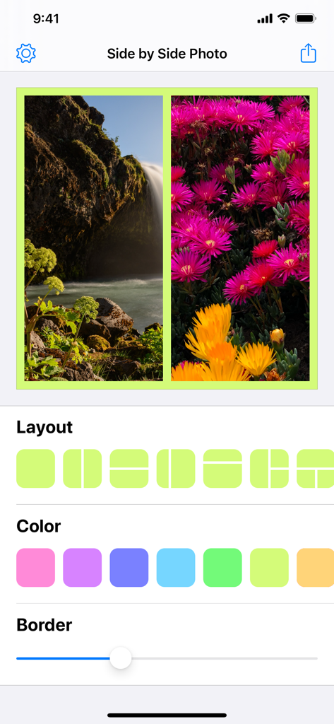Side by Side Photo Editor Grid - Interface de aplicativo móvel mostrando uma colagem de fotos lado a lado com ferramentas de edição de layout e cores