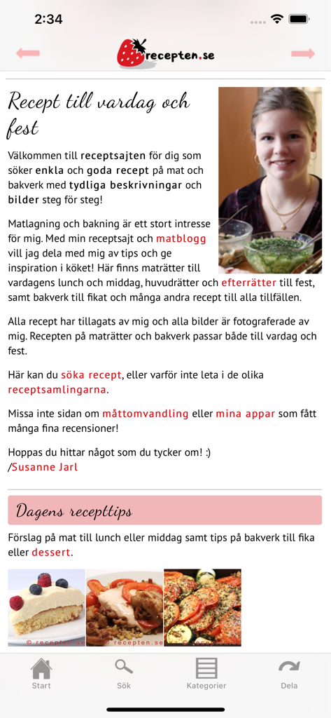 recepten.se - The home screen of the recepten.se mobile app showing daily recipe tips and navigation icons.