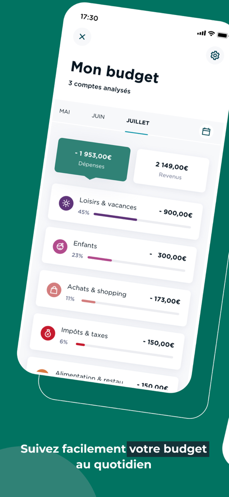 The budget tracking screen of the Ma Banque mobile app showing categorized monthly expenses and income.