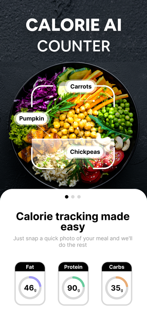 Calorie AI - Food Cal Counter - Calorie AIアプリのインターフェース。健康的な食事の写真認識とマクロ栄養素追跡が表示されています。